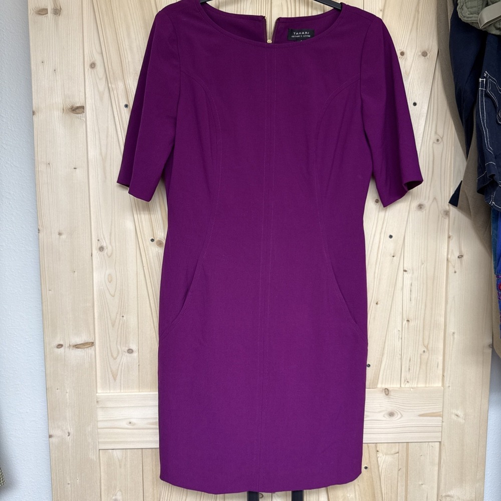 Tahari 6 Deep Magenta Sheath Dress Elbow Sleeves Pockets Fully Lined Classic